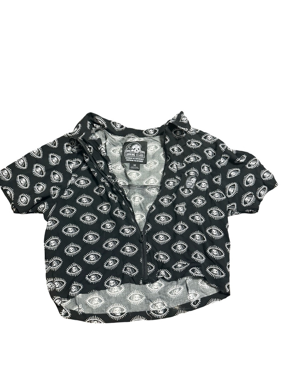 Lounge Class Black Eye-Print Cropped Button-Up Top